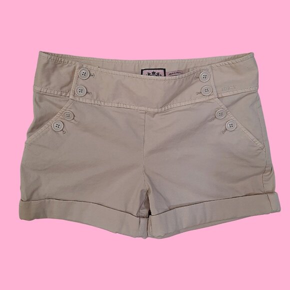 Vintage Y2K Juicy Couture Beige Chino Mini Shorts With Buttons Size 6 Mid Rise - Picture 1 of 7
